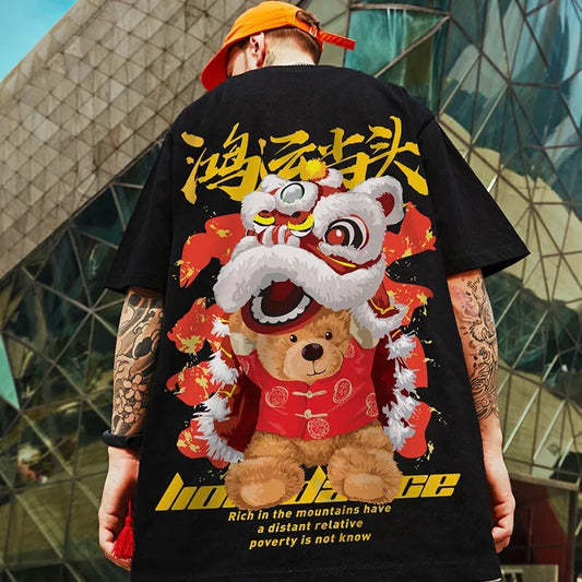 Bear under dragon mask Japanese style Oversized T-shirt